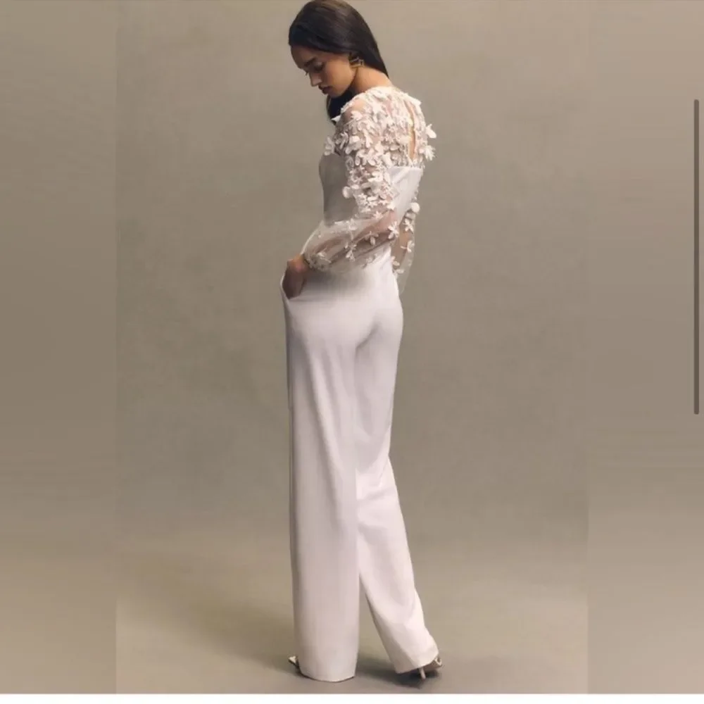 Dress the Population Mila Long Sleeve White Lace Jumpsuit 3d flowers - Picture 6 of 14